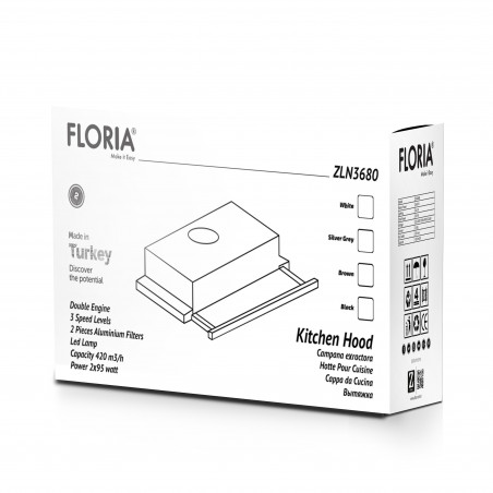 Hota incorporabila Floria ZLN3680, 95 W, 2 motoare, 420 m3/h, 3 trepte putere, 60 cm, Alb