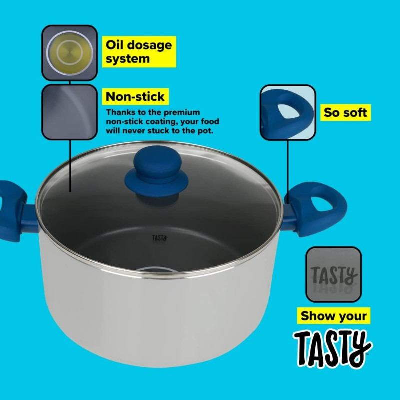 Oala cu capac Tasty 678540, 24 cm, 5 L, Dozator grasime, Aluminiu, Acoperire antiaderenta, Albastru