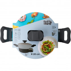 Oala cu capac de sticla Tasty 678536, 20 cm, 6 l, Manere moi, Aluminiu, Acoperire antiaderenta, Gri