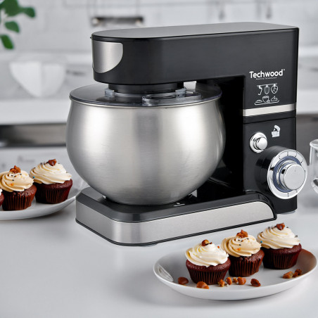 Mixer planetar Techwood TRO-1066, 1000W, 5 litri, 6 viteze, Pulse, Protectie la suprasarcina, Negru/Inox