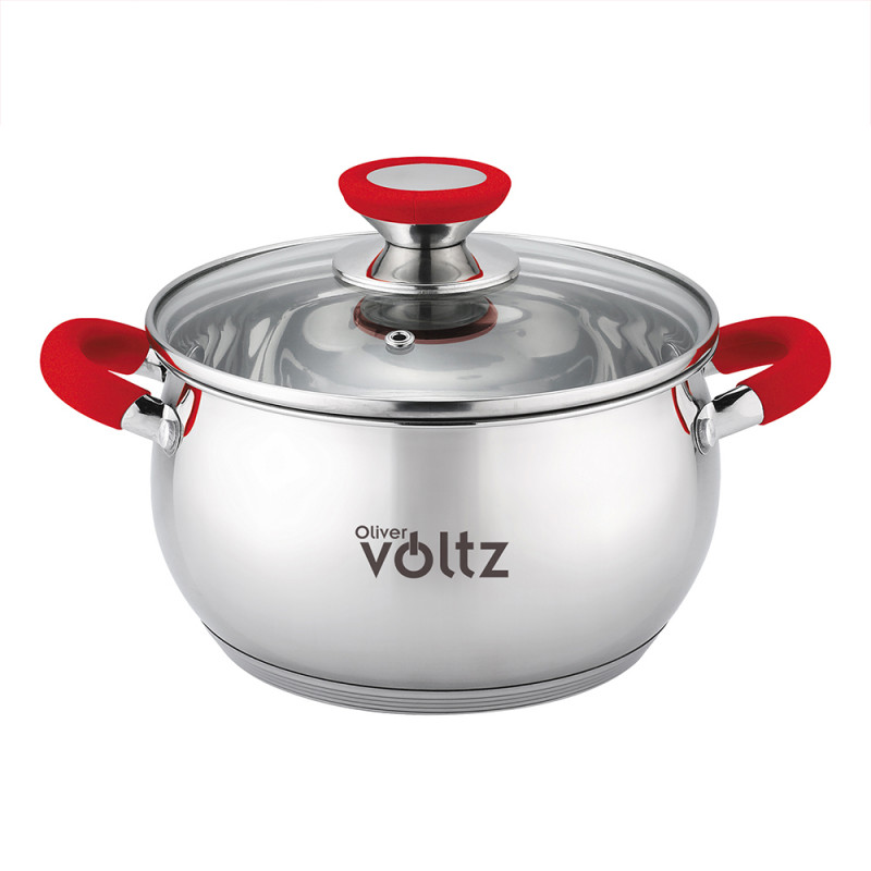 Oala Oliver Voltz OV51210N22, 22 cm, 4,6 l, Inductie, Manere silicon rosii, Inox/Roşu