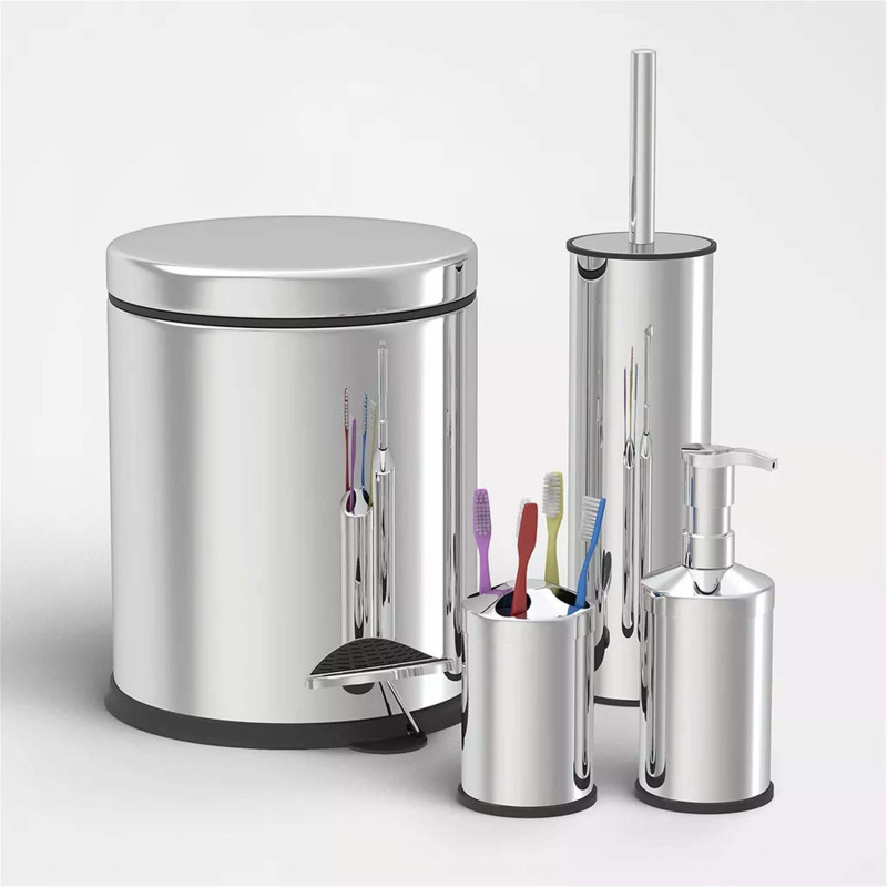 Set de baie Vinoks 650400, Cos 5 litri, Perie WC, Dispenser, Suport periute, Inox