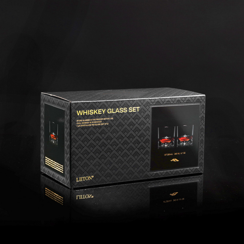 Set pahare pentru whisky LIITON L60400 Denali, Cristal, 230 ml, 2 buc, Fund 3D cu varf Denali, Transparent