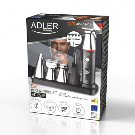 Kit de ingrijire pentru barbati Adler AD 2946 5in1, 600 mAh, 6 atasamente, Autonomie 60 min, Afișaj LCD, Negru/Inox