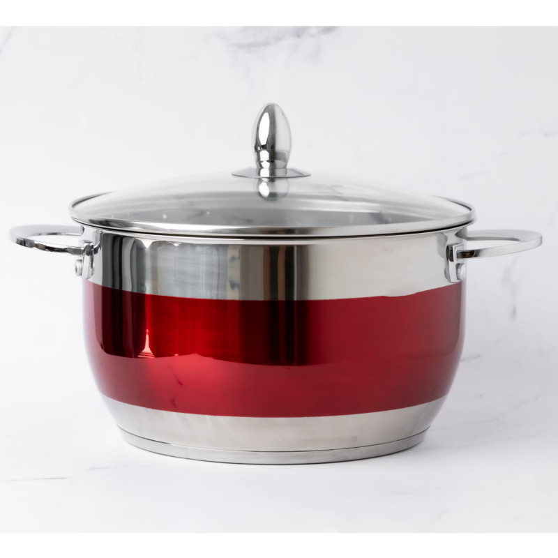 Oala cu capac din sticla Bohmann BH 1818-26RD, 26 cm, 7,1 l, Otel inoxidabil, Inductie, Inox/Rosu