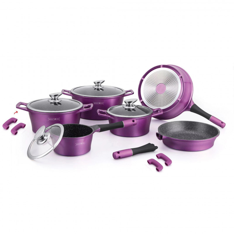 Set oale si tigai Royalty Line RL-ES1014M Violet, Aluminiu, 14 piese, Capac sticla, Acoperire marmura, Violet