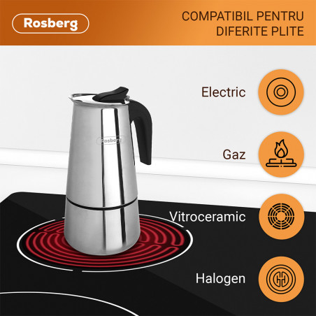 Ibric de cafea Rosberg R51173F4, 4 cesti, Inox