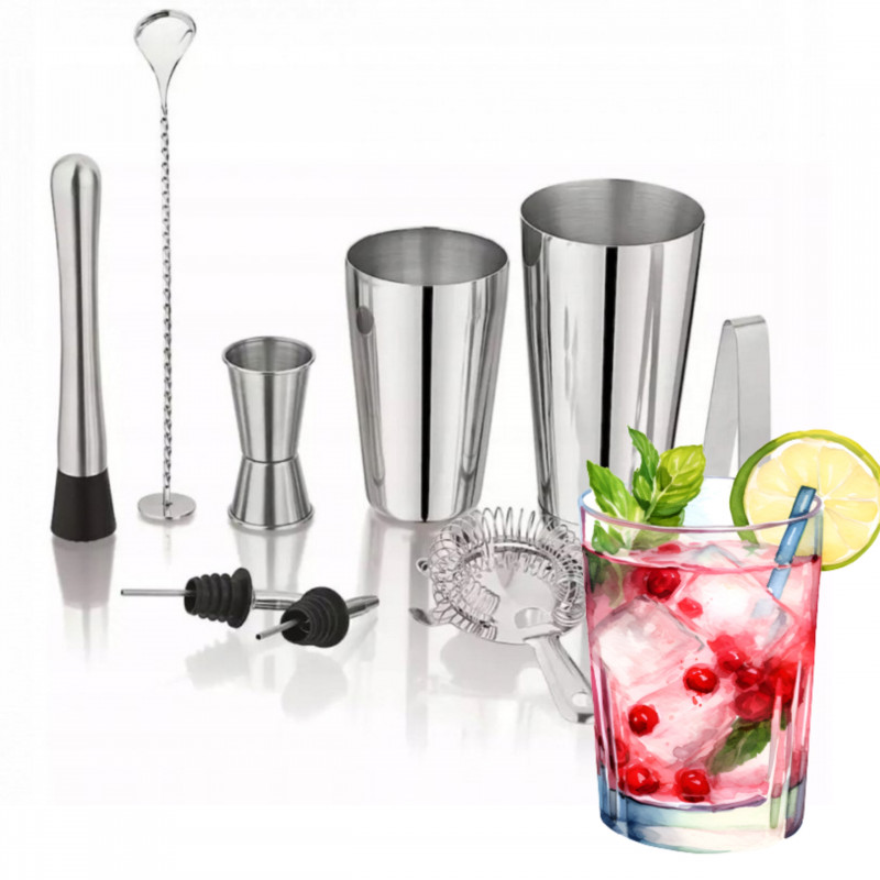 Set shakere si accesorii pentru cocktail Kinghoff KH 1708, 9 buc, 600/750 ml, Inox