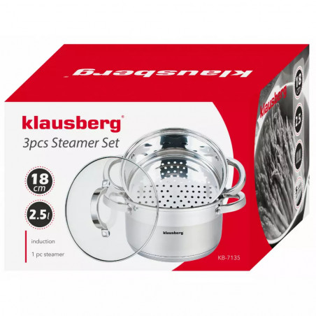 Oale pentru gatire cu aburi Klausberg KB 7135, 18 cm, 2.5 litri, 3 piese, Fund gros, Inox