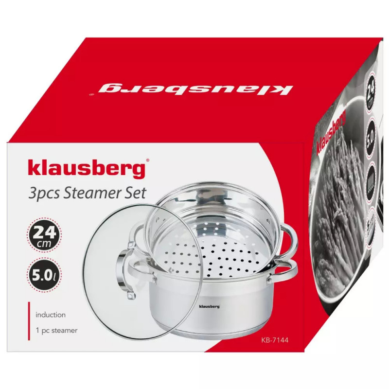 Oale pentru gatire cu aburi Klausberg KB 7144, 24 cm, 5 litri, 3 piese, Fund gros, Inox