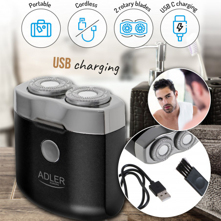 Mini aparat de ras Adler AD 2936, 250 mAh, USB tip C, Turistic, Fara fir, Autonomie 35 min., Negru/Inox