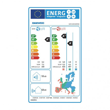 Aparat de aer conditionat invertor Daewoo SAF12M1WR30, 12000 BTU, A+++ / A++, Pana la 25 m², Condensator placat cu aur, Filtru cu carbon activ, Alb