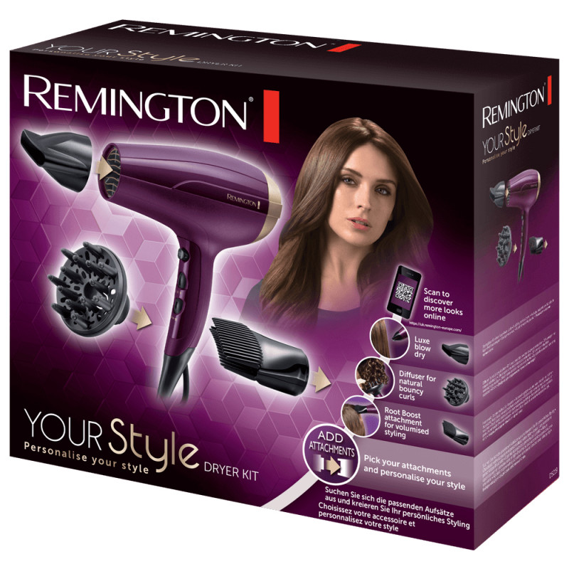 Uscator de par Remington Your Style D5219, 2300 W, 3 trepte de caldura, 2 viteze, Functie Ionica, 3 accesorii, Mov/Negru