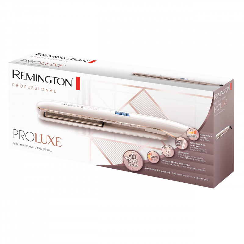 Placa pentru indreptat parul Remington PROluxe S9100, Placi ceramice Ultimate Glide, OPTIheat, 9 trepte temperatura, 230C, LCD, Alb