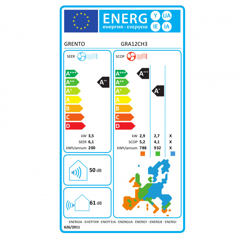 Aparat de aer conditionat cu invertor Grento GRA12CH3, 12000 BTU, A++/A+, Afișaj LED, Autocurățare, Wi-Fi, I Feel, Alb