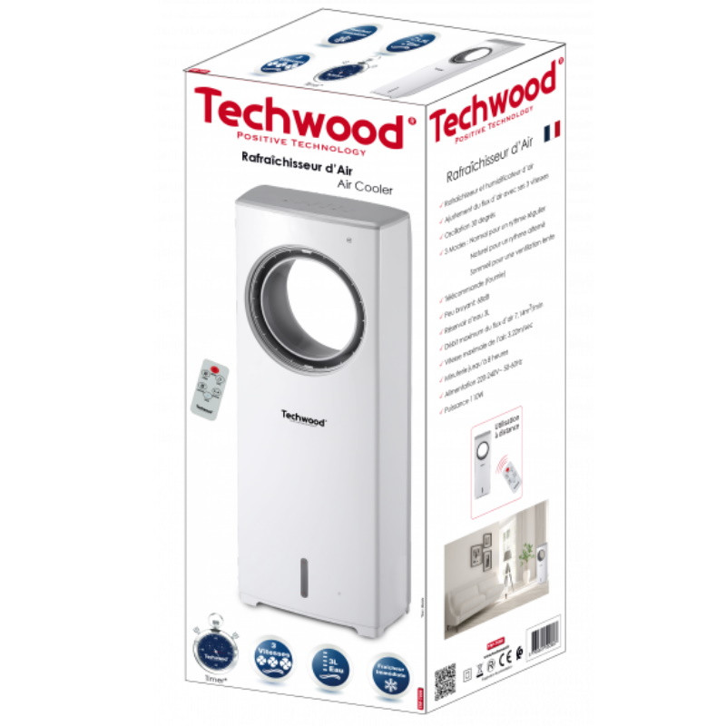 Racitor si umidificator fara aripioare Techwood TRF-7008, 110W, Oscilatie, 3.22 m/s, 7.14 m³/min, 3 viteze, Timer, Alb