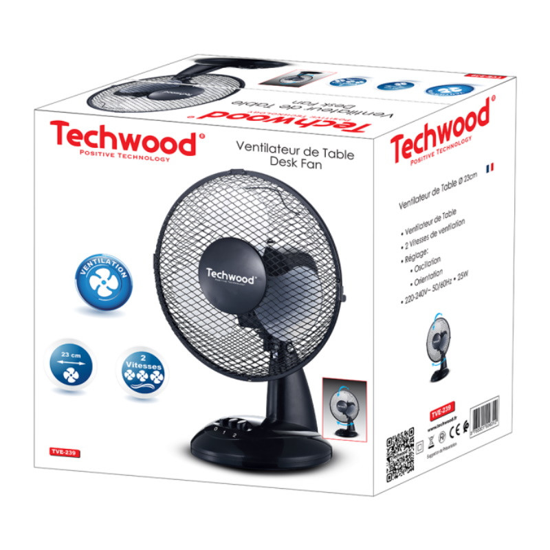 Ventilator de masa Techwood TVE-239, Diametru 23 cm, 25W, Oscilatie, 2 viteze, Negru