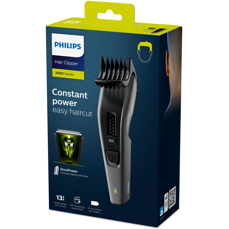 Masina de tuns Philips HC3525/15 Seria 3000, Lame din otel inoxidabil, Autonomie 45 minute, Atasament pentru barba, Gri