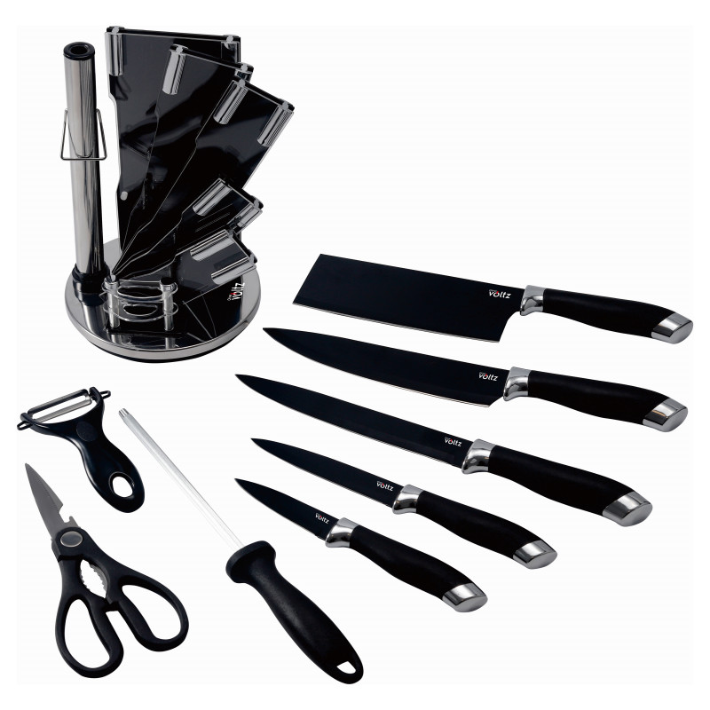 Set cutite Oliver Voltz OV51633K9S, 9 piese, Suport, Negru/Argintiu