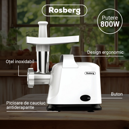 Masina de tocat carne cu atasament pentru rosii Rosberg R51991E, 800W, Functie Reverse, Alb