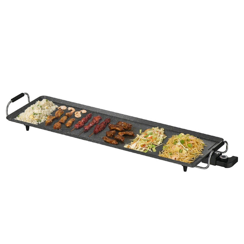 Gratar electric Royalty Line RL-TP18210, 1800W, 70x23 cm, Finisaj marmura, Tava grasime, Negru