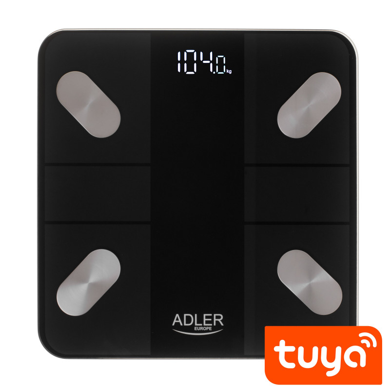 Cantar electronic Adler AD 8186, SMART Tuya, Pana la 180 kg, Afisaj LED, 3 x AAA, Negru