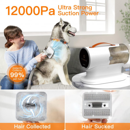 Aparat de tuns si grooming animale 2in1 AIRROBO PG100, 600W, 12 KPa, 2 L, 3 trepte aspiratie, HEPA, Alb