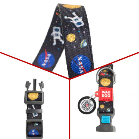 Lesa pentru caini cu scanare QR pasaport Waudog NASA 4738, Dimensiune S, Reglabil 23-35 cm, Pasaport QR,  Fastex, Negru/Imprimeu