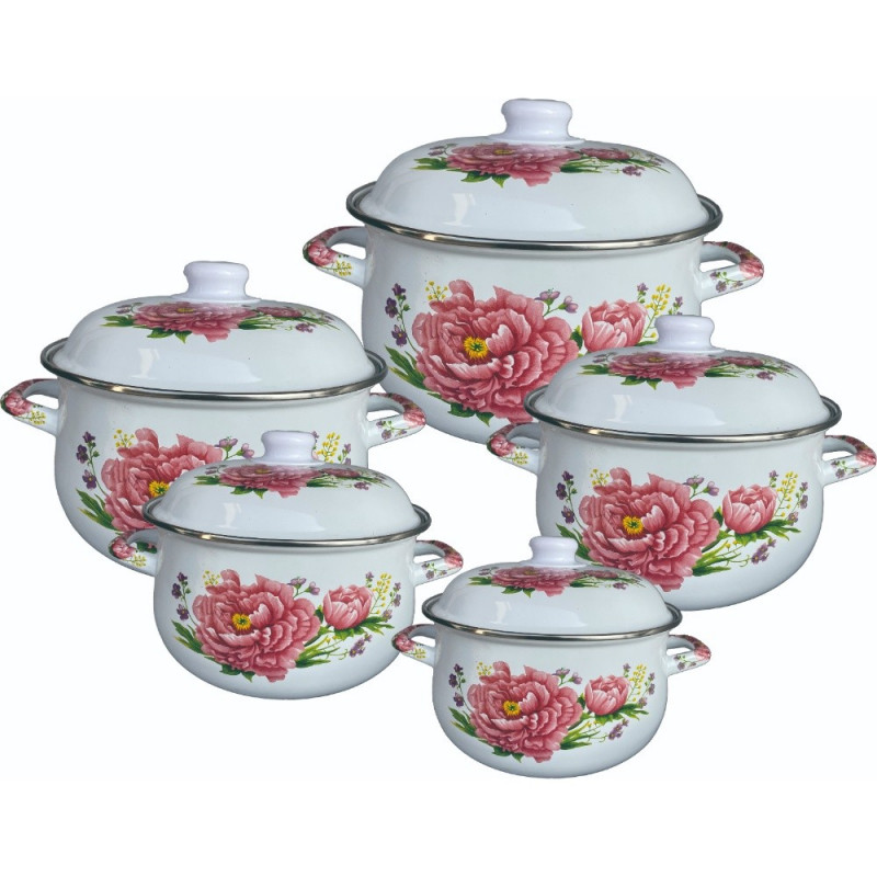 Set 5 oale cu capac emailat Rosberg R54518G5, 10 piese, Emailate, Inducție, Alb/Imprimeu floral