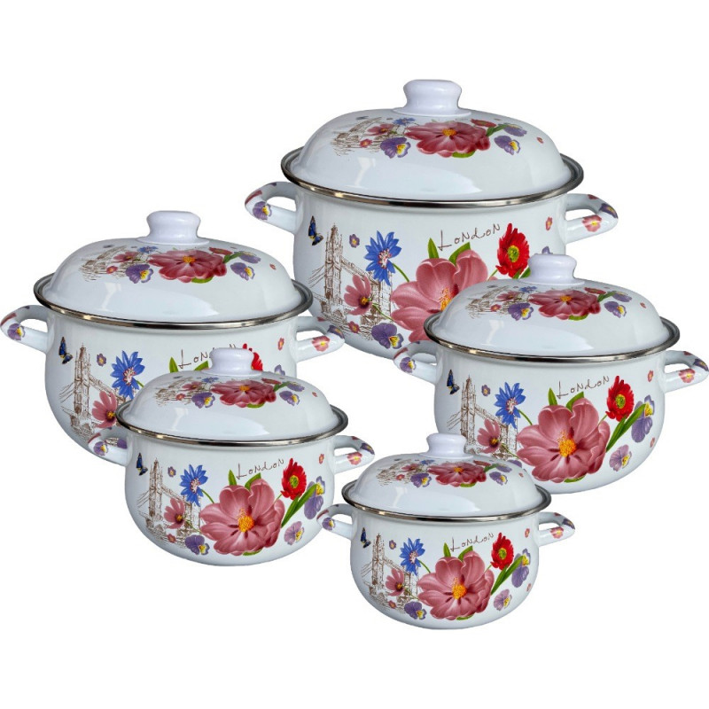 Set oale cu capac emailat Rosberg R54518H5, 10 piese, Emailate, Inductie, Alb/Imprimeu floral