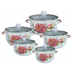 Set 5 oale cu capac din sticla Rosberg R54518G5G, 10 piese, Emailate, Inducție, Alb/Imprimeu floral