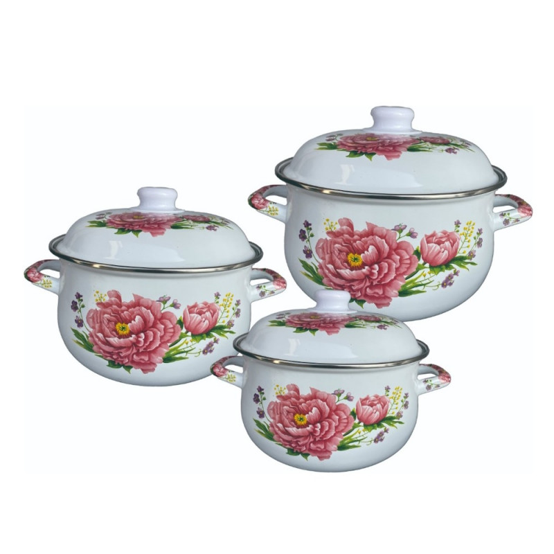 Set de 3 oale cu capac emailat Rosberg R54518G3, 6 piese, Emailate, Inducție, Alb/Imprimeu floral