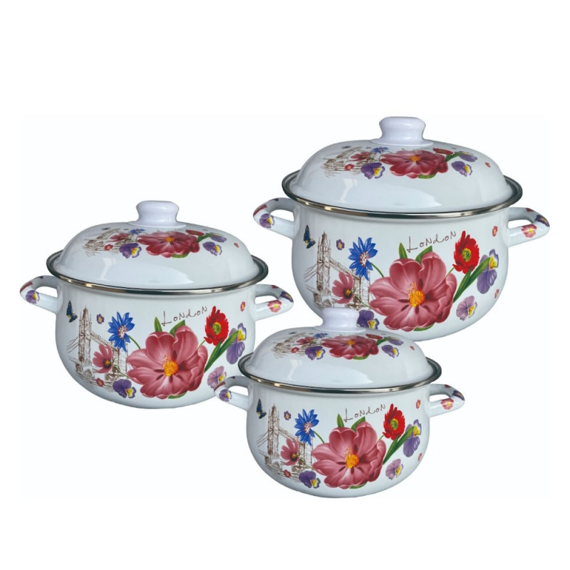 Set 3 oale cu capac emailat Rosberg R54518H3, 6 pise, Emailate, Alb/imprimeu floral