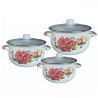 Set 3 oale cu capac din sticla Rosberg R54518G3G, 6 piese, Emailate, Alb/Imprimeu floral