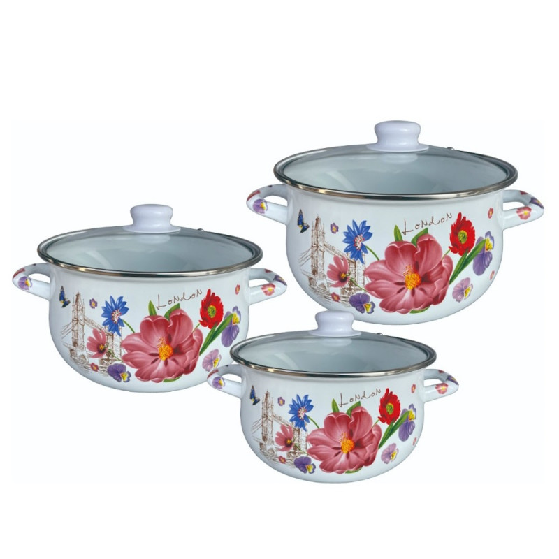 Set 3 oale cu capac din sticla Rosberg R54518H3G, 6 piese, Emailate, Inducție, Alb/Imprimeu floral