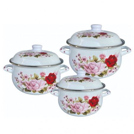 Set 3 oale cu capac emailat Rosberg R54518E3, 6 piese, Emailate, Inductie, Alb/imprimeu floral