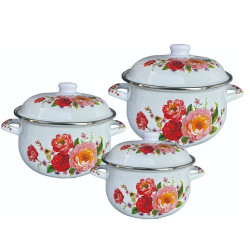 Set 3 oale cu capac emailat Rosberg R54518F3, 6 piese, Emailate, Inducție, Alb/ Imprimeu floral