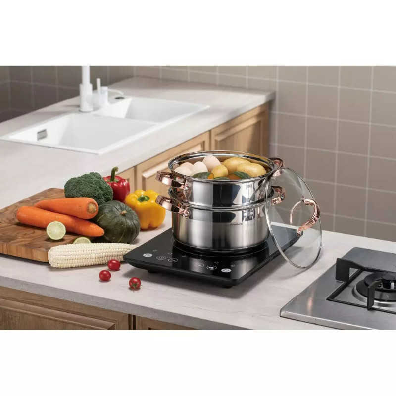 Oala pentru gatit la aburi Klausberg KB 7734, 24 cm, 5 L, 3 piese, Inductie, Inox/Aur roz