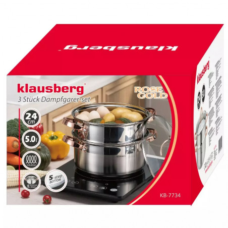 Oala pentru gatit la aburi Klausberg KB 7734, 24 cm, 5 L, 3 piese, Inductie, Inox/Aur roz