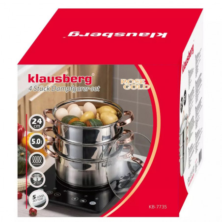 Oala pentru gatit la aburi Klausberg KB 7735, 24 cm, 5 L, 4 piese, Inductie, Inox/Aur roz