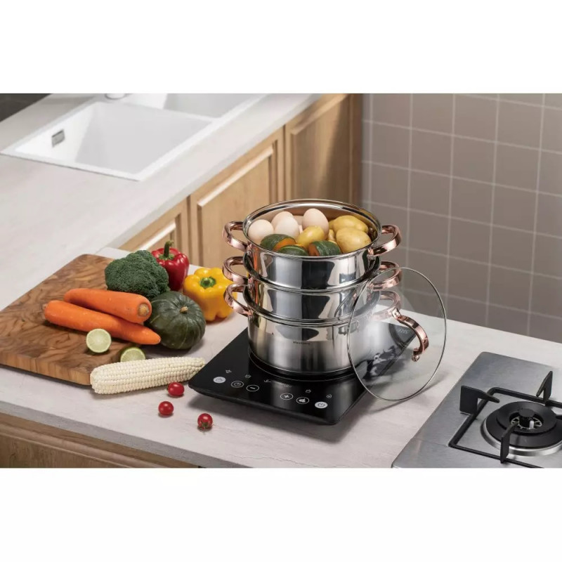 Oala pentru gatit la aburi Klausberg KB 7726, 18 cm, 2,5 L, 5 piese, Inductie, Inox/Aur roz