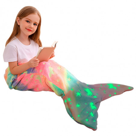 Patura unicorn pentru copii forma coada de sirena Mermaidream, 100x43 cm, Lumineaza in intuneric, Lana, Multicolor