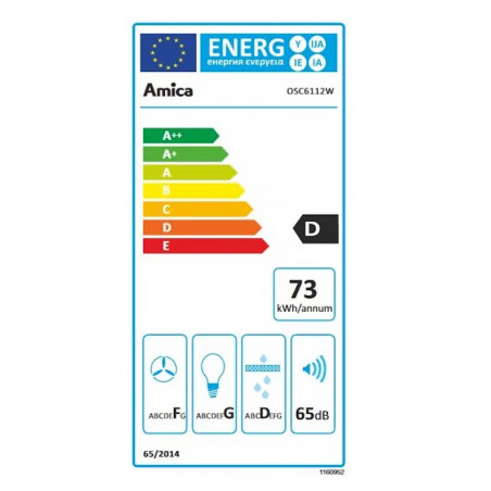 Hota AMICA OSC6112W, 197 m3/h, 118W, Clasa D, 3 trepte, 65 dBA, 60 cm, Filtru de carbon, Alb