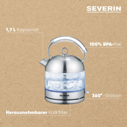 Ceainic electric Severin WK 3459, 2400W, 1.7 L, Protectie la supraincalzire, Filtru detasabil, Fara BPA, Inox