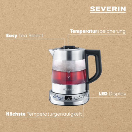 Cana electrica Severin WK 3473, 2200W, 1 L, Infuzor, 5 programe, Afisaj, Intretinere caldura, Inox