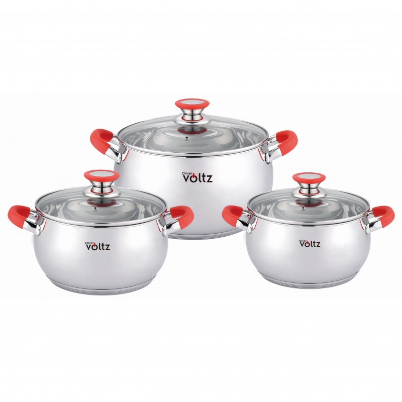 Set oale Oliver Voltz OV51210N6B, 6 piese, Manere din silicon, Inductie, Inox/Rosu