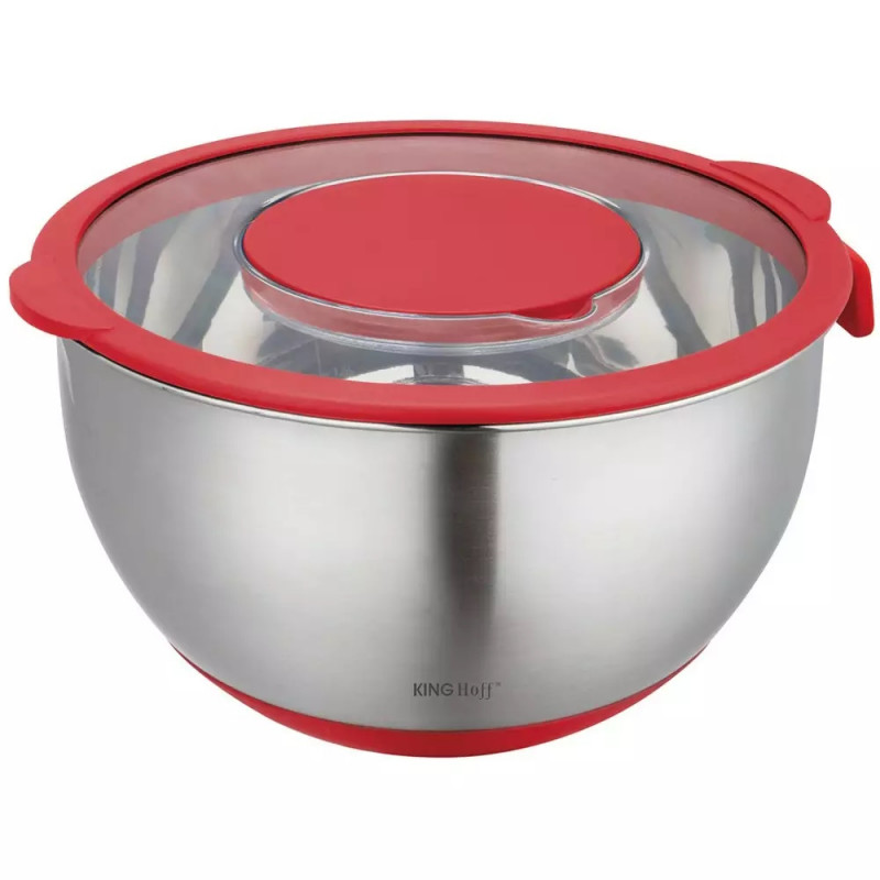 Cupa multifunctioanala pentru salata Kinghoff KH 1889, 24 cm, 5 L, 3 razatori, Anti-alunecare, Inox / Rosu