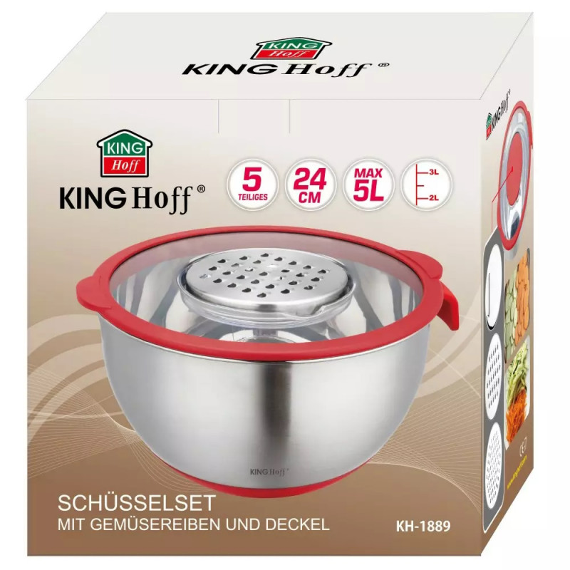 Cupa multifunctioanala pentru salata Kinghoff KH 1889, 24 cm, 5 L, 3 razatori, Anti-alunecare, Inox / Rosu