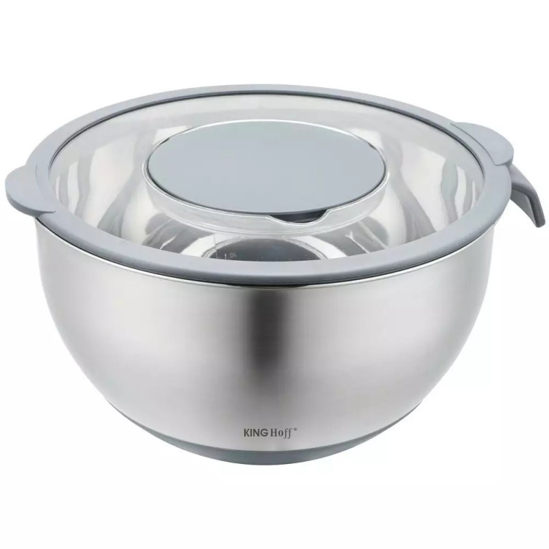 Bol multifunctional pentru salata Kinghoff KH 1862, 24 cm, 5 L, 3 razatori, Anti-alunecare, Inox/Gri