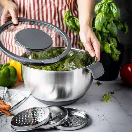 Bol multifunctional pentru salata Kinghoff KH 1862, 24 cm, 5 L, 3 razatori, Anti-alunecare, Inox/Gri